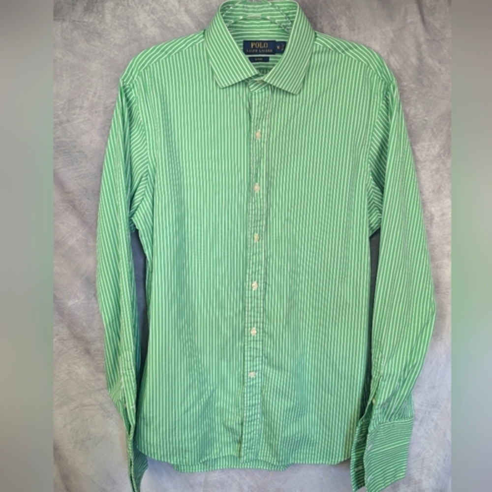 Polo Ralph Lauren Size 16 Slim Fit Button Down Shirt Green Striped